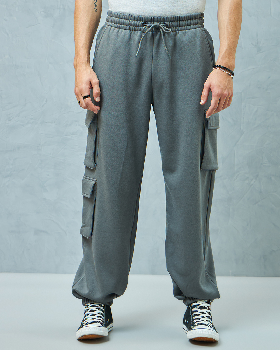 Shop Men's Grey Super Loose Fit Brushed Cargo Joggers-Back