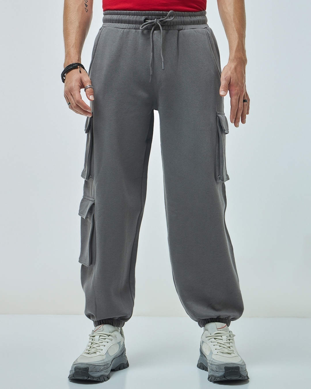 Shop Men's Grey Super Loose Fit Cargo Joggers-Back