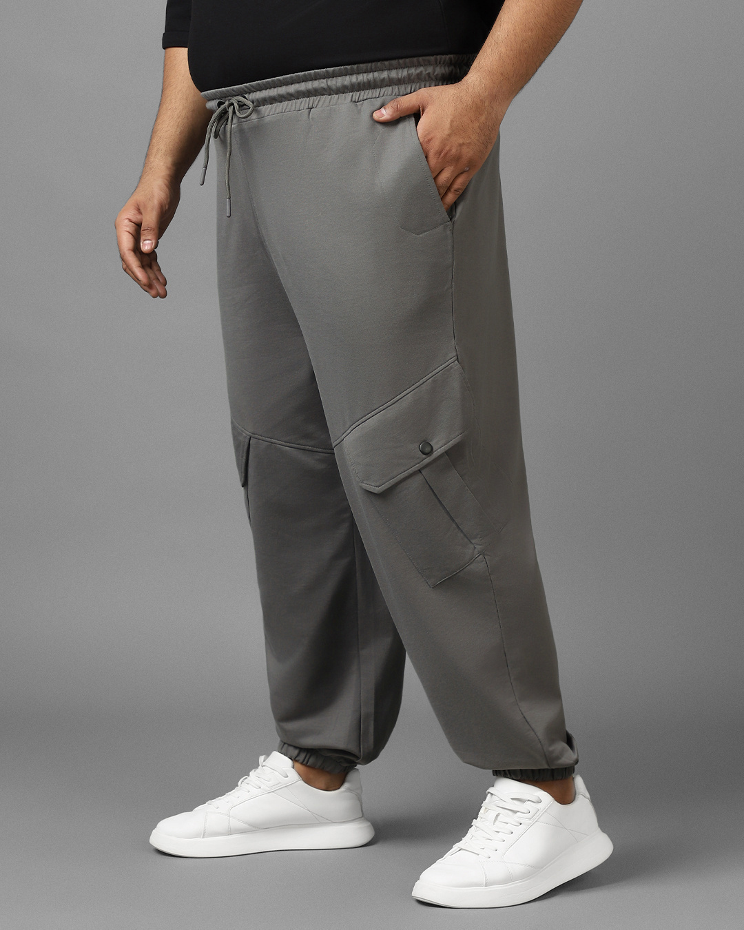 Shop Men's Grey Super Loose Fit Plus Size Cargo Joggers-Back