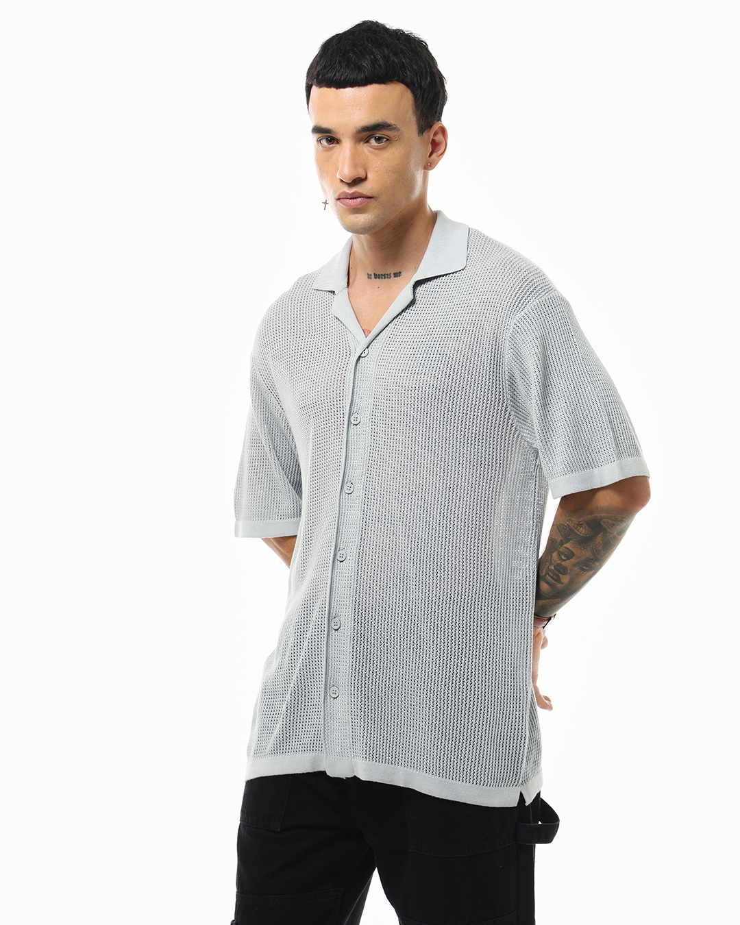 Shop Men's Grey Textured Oversized Shirt-Back