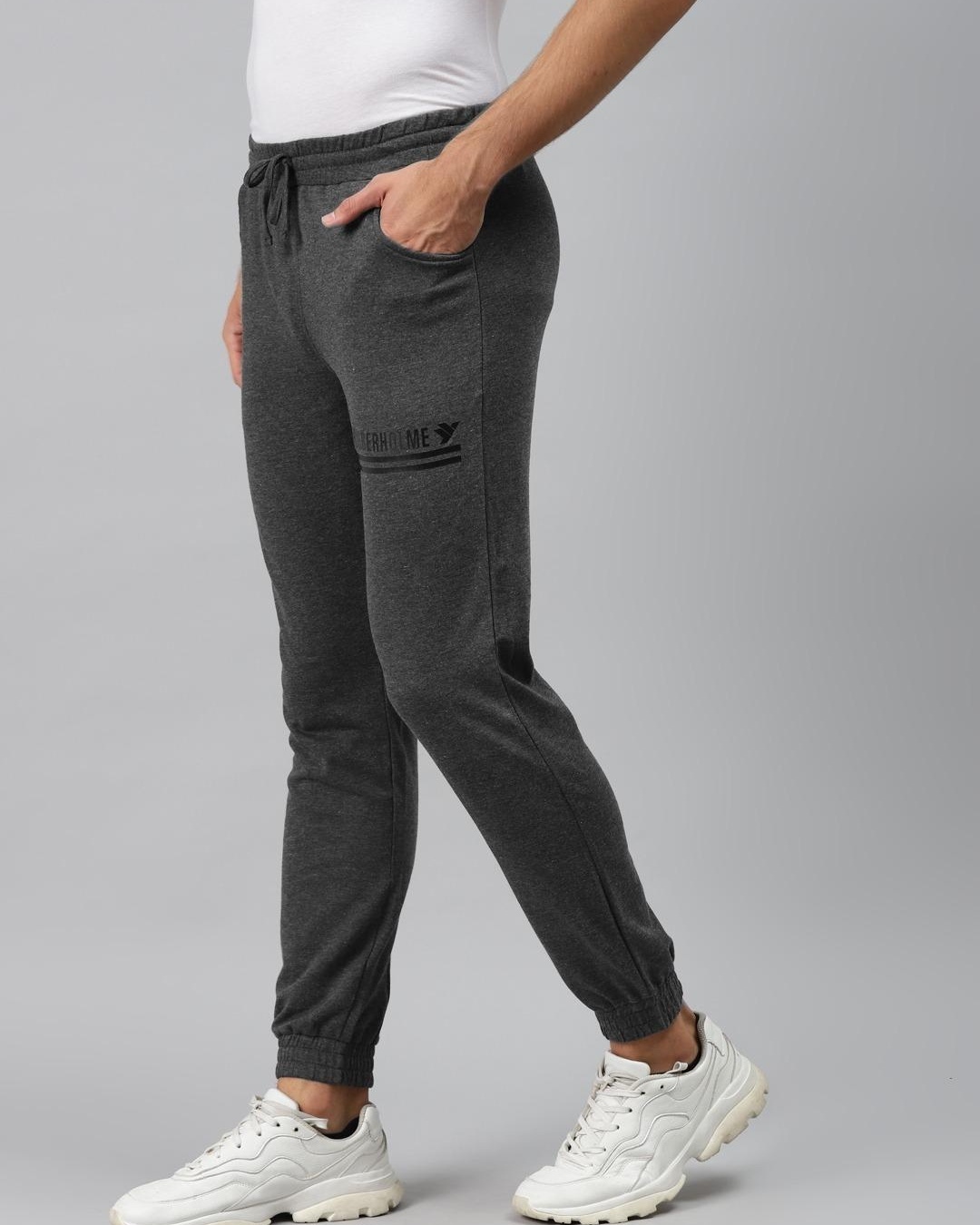 Shop Men's Grey Typography Joggers-Back