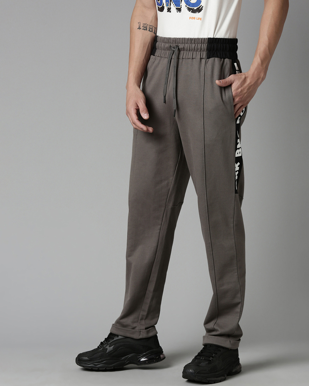 Shop Men's Grey Typography Straight Fit Track Pants-Back