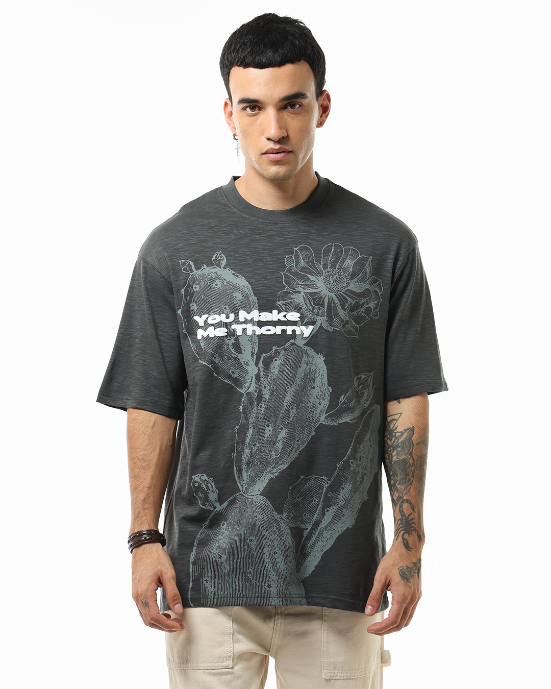 Shop Men's Grey U Make Me Thorny Graphic Printed Oversized T-shirt-Back