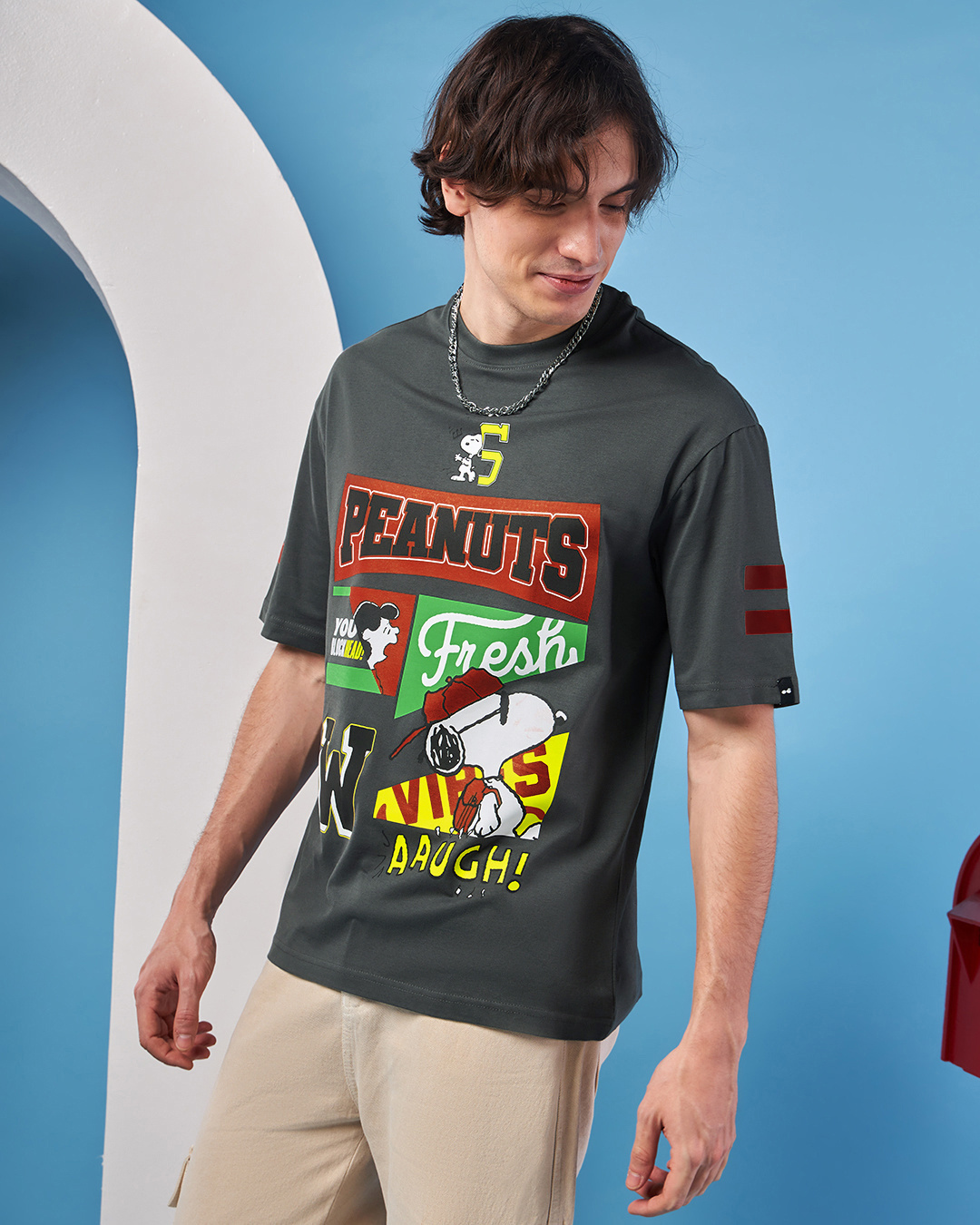 Shop Men's Grey Varsity Peanuts Graphic Printed Oversized T-shirt-Back