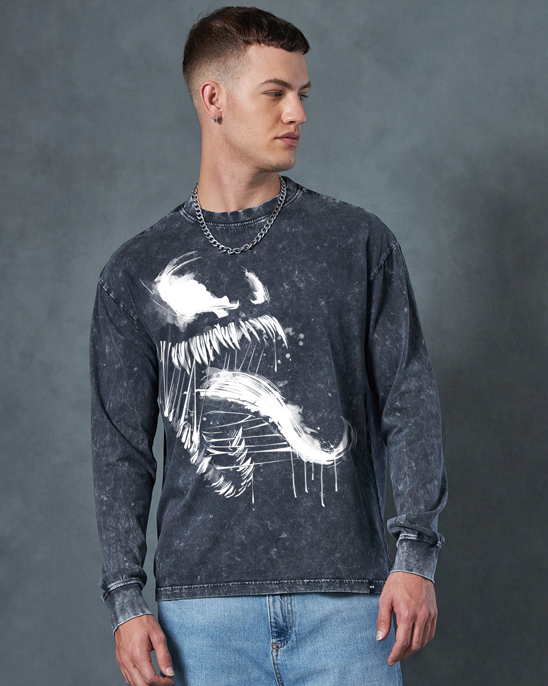 Shop Men's Grey Venom Graphic Printed Oversized Acid Wash T-shirt-Back