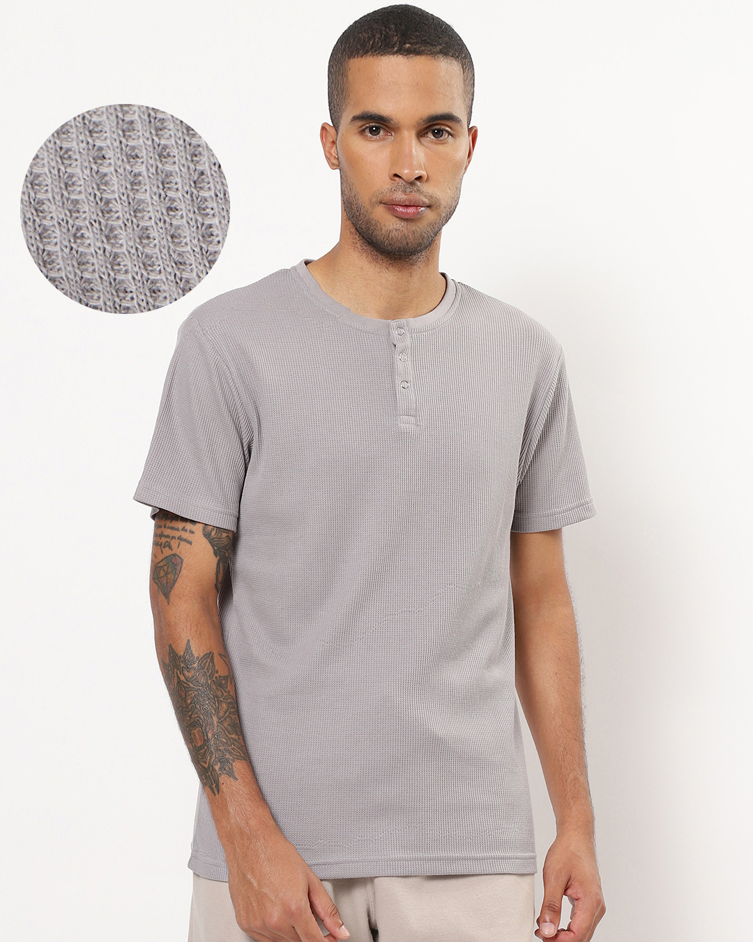 Buy Mens Grey Waffle Henley T Shirt Online At Bewakoof