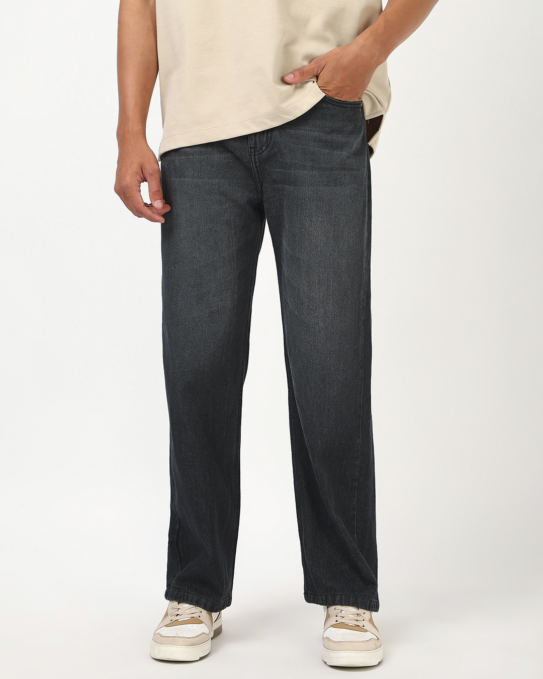 Shop Men's Grey Washed Baggy Fit Mid-Rise Jeans-Back