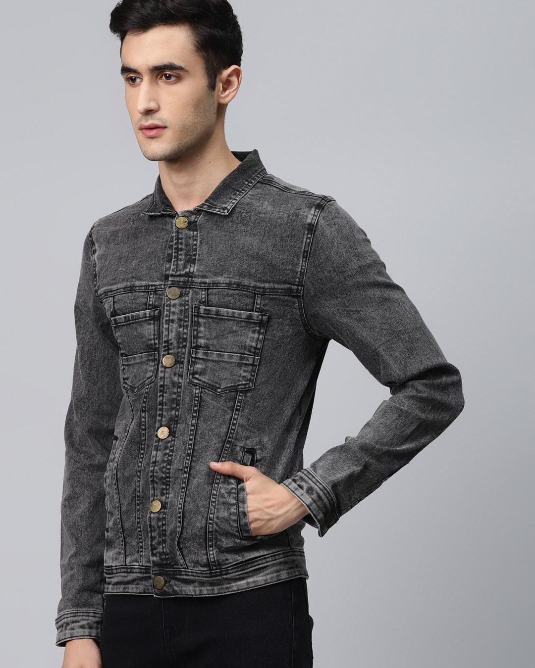 Shop Men's Grey Washed Denim Jacket-Back