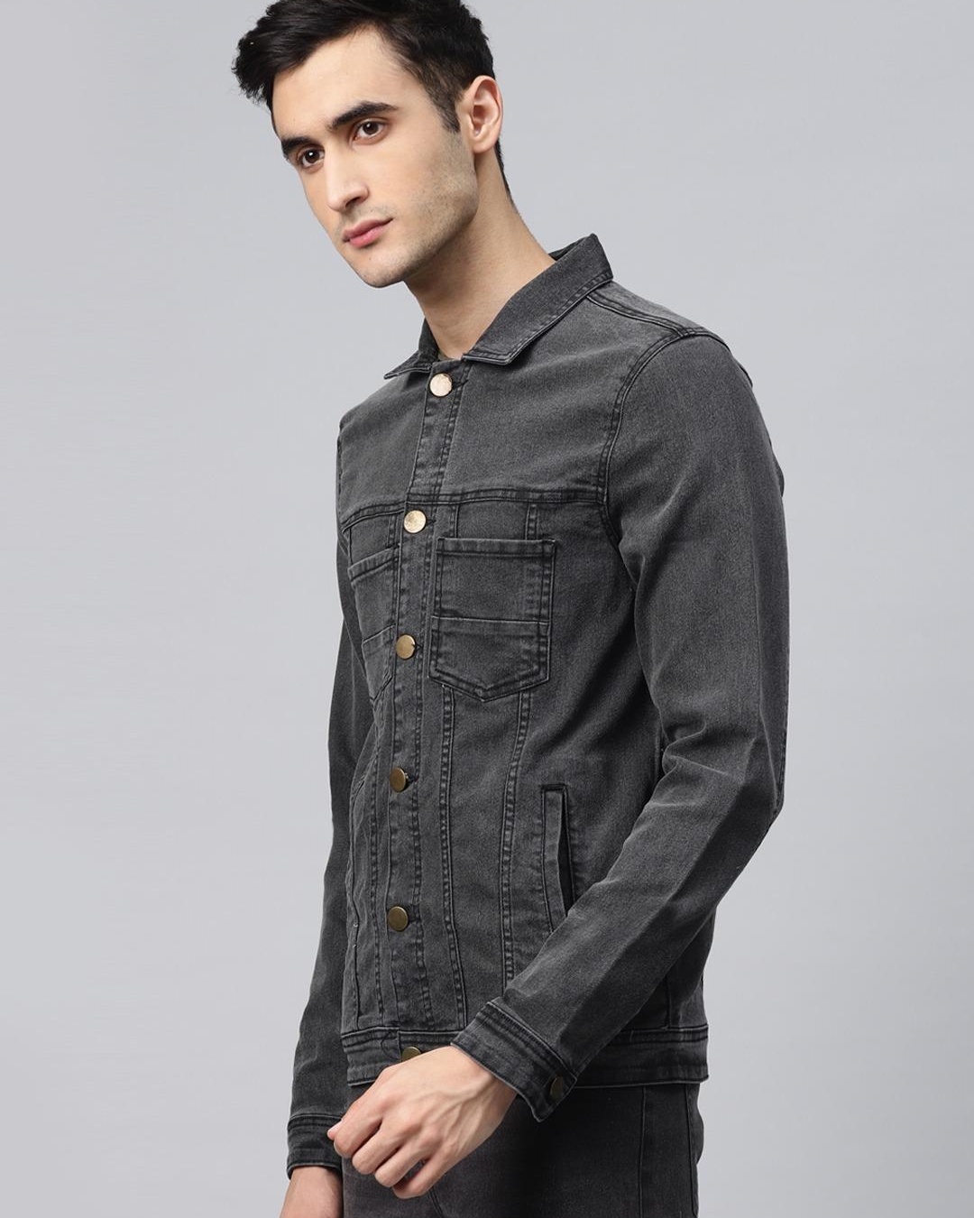 Shop Men's Grey Washed Denim Jacket-Back