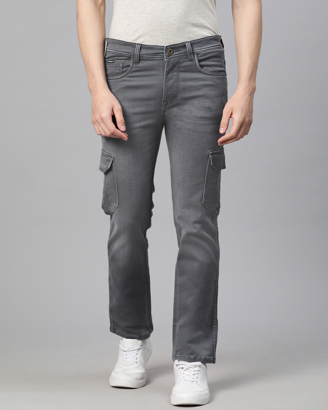 Shop Men's Grey Cargo Jeans-Back