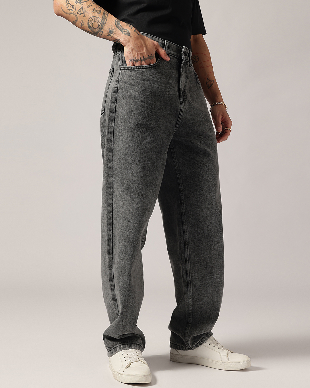 Shop Men's Grey Washed Relaxed Fit Jeans-Back