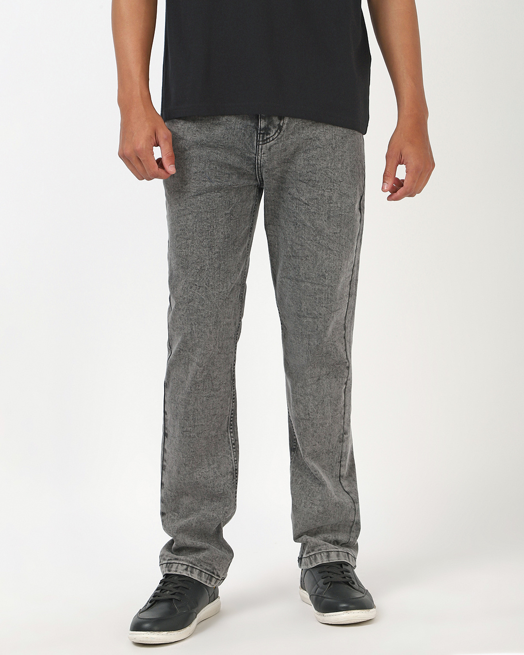 Shop Men's Grey Washed Slim Straight Fit Stretchable Jeans-Back
