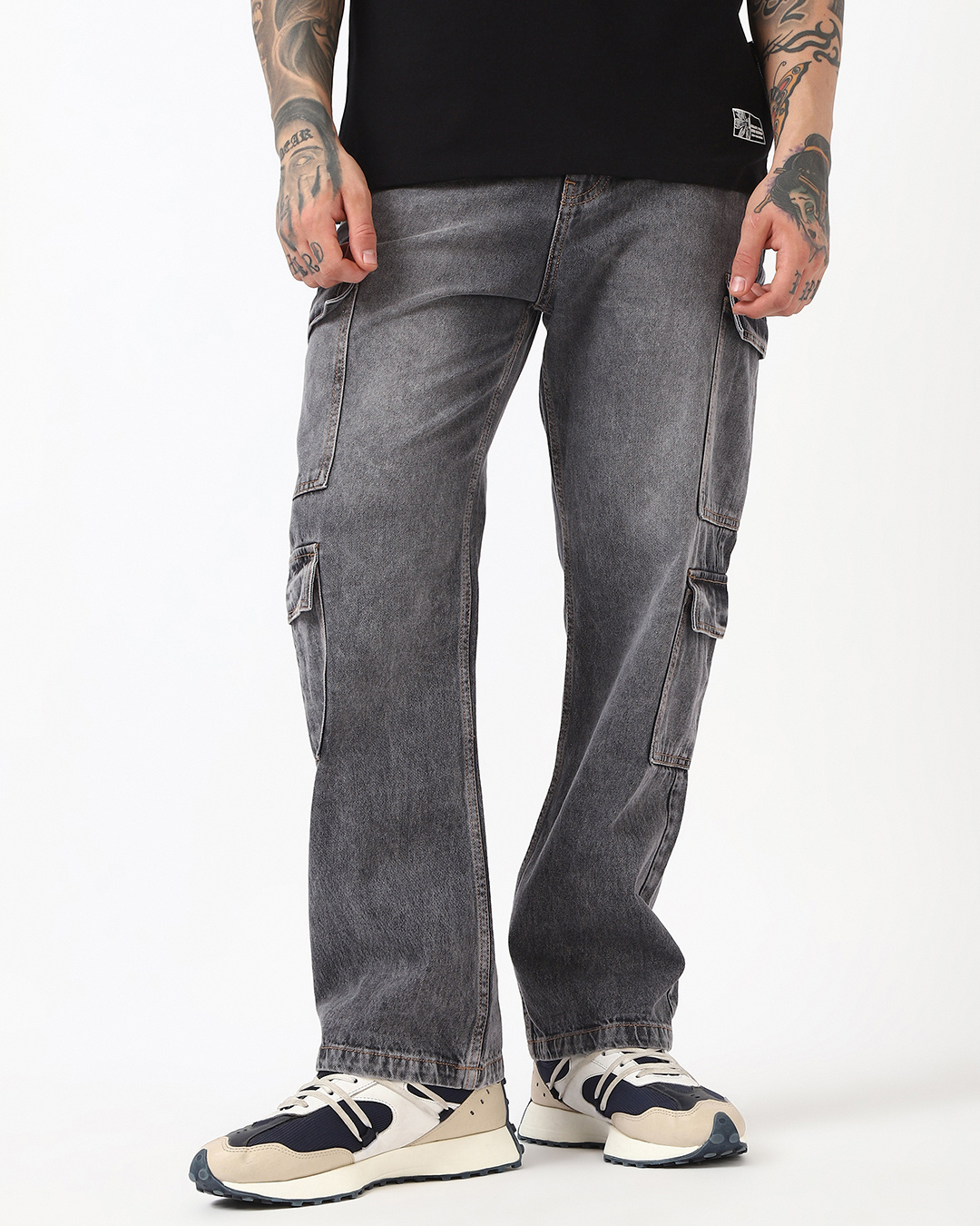 Shop Men's Grey Baggy Washed Cargo Jeans-Back