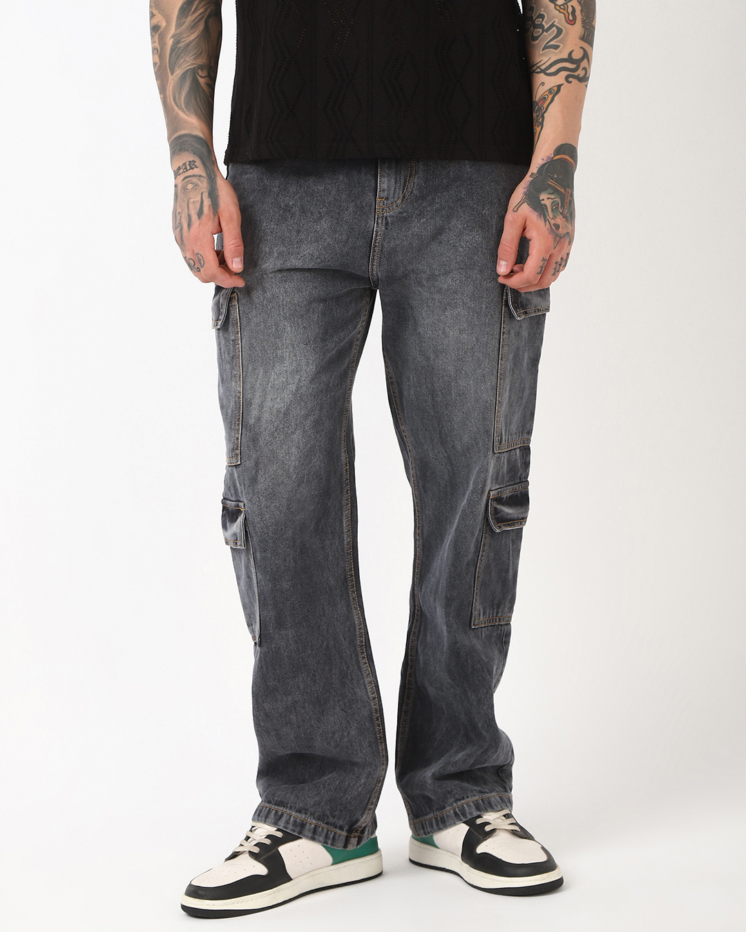 Shop Men's Grey Baggy Fit Washed Cargo Mid-Rise Jeans-Back