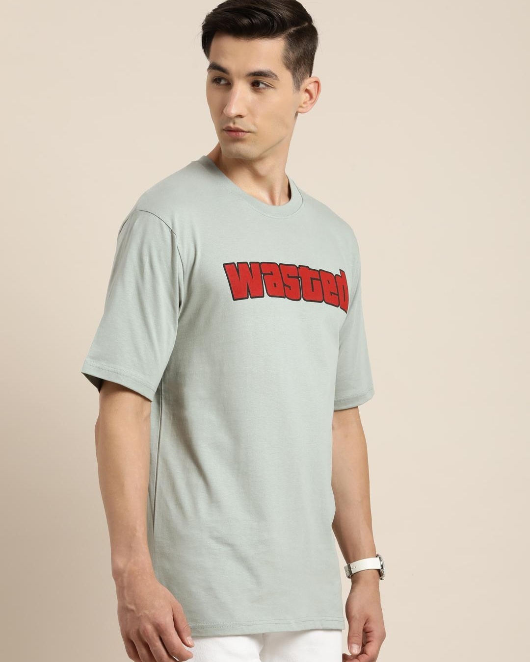 Shop Men's Grey Wasted Typography Oversized T-shirt-Back