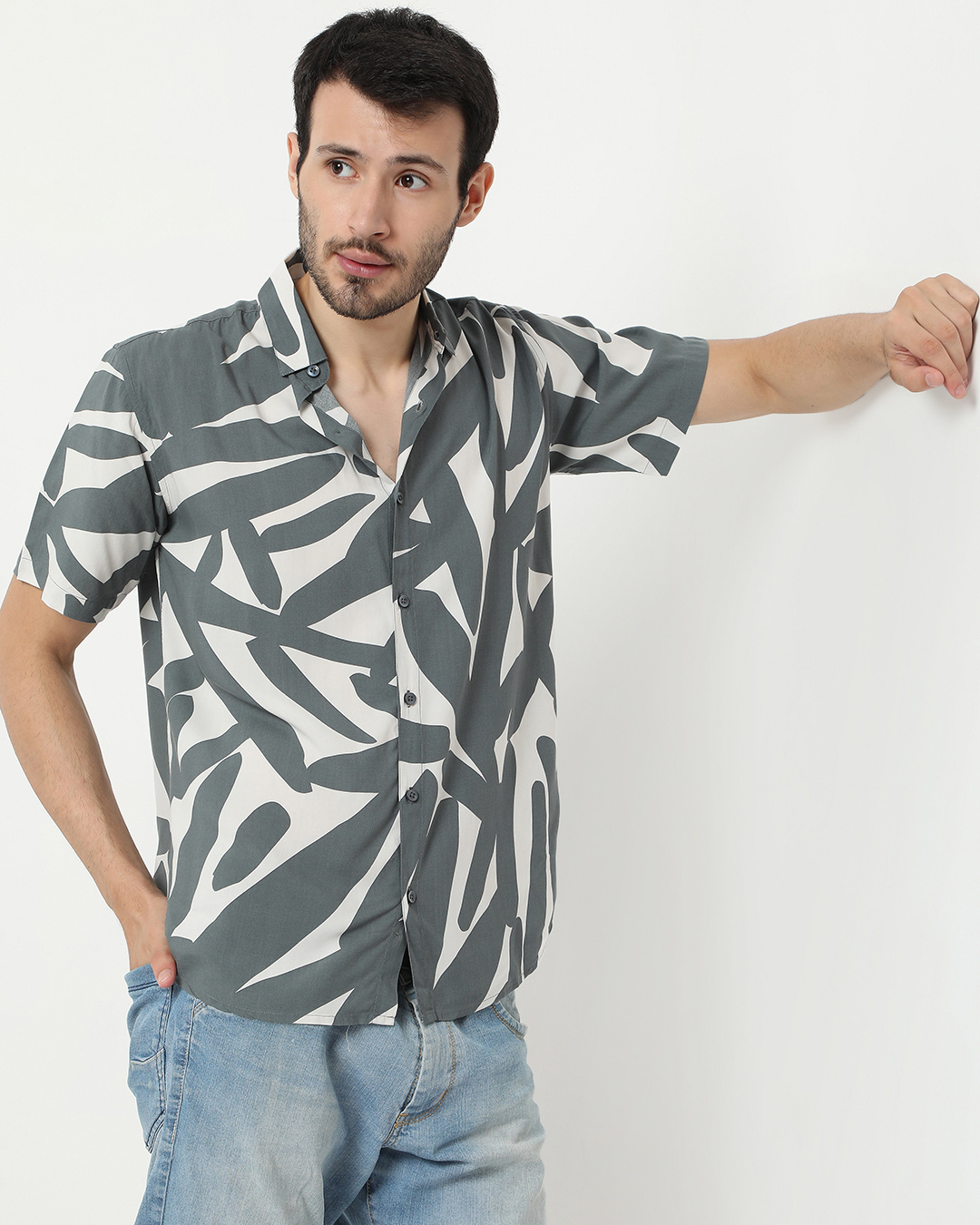 Shop Men's Grey & White Abstract Printed Shirt-Back