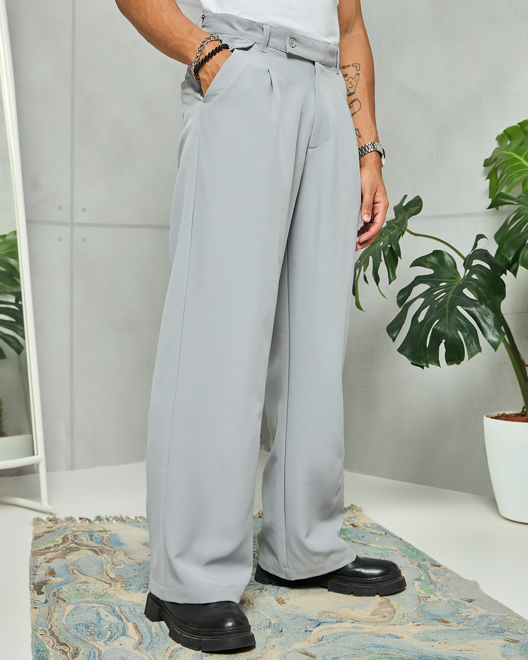 Shop Men's Grey Wide Leg Korean Pants-Back
