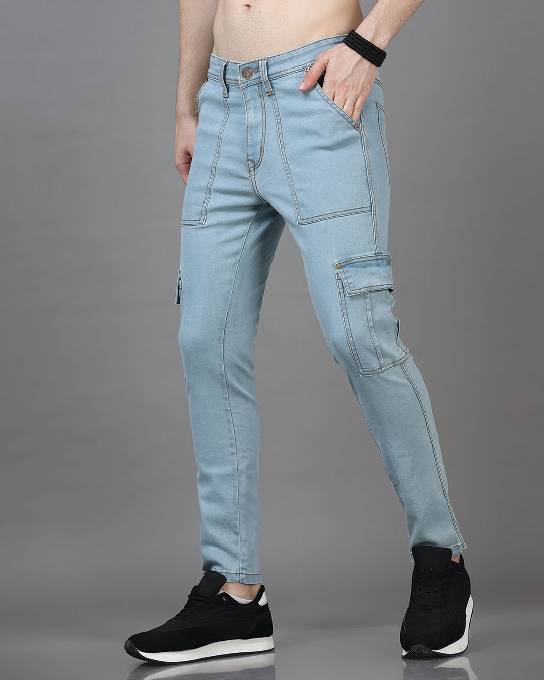 Shop Men's Ice Blue Slim Fit Cargo Jeans-Back