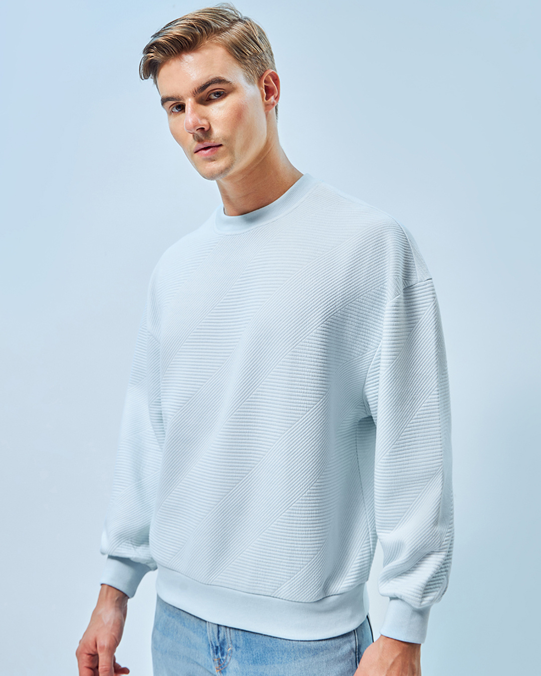 Shop Men's Ice Blue Textured Oversized Sweatshirt-Back