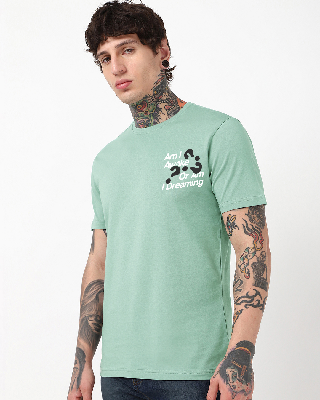 Shop Men's Iceberg Green Am I Awake Typography T-shirt-Back