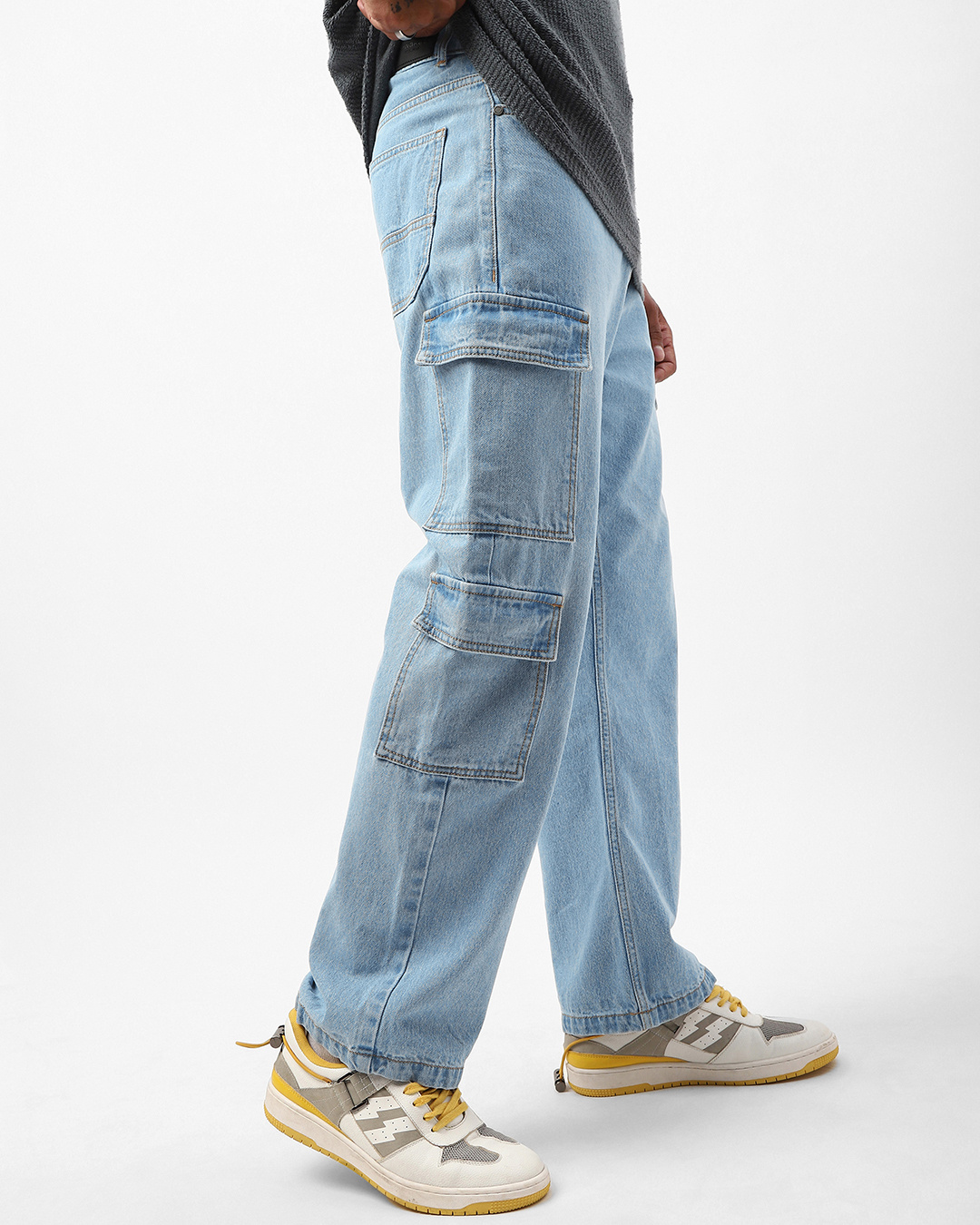 Shop Men's Light Blue Baggy Fit Washed Cargo Mid-Rise Jeans-Back