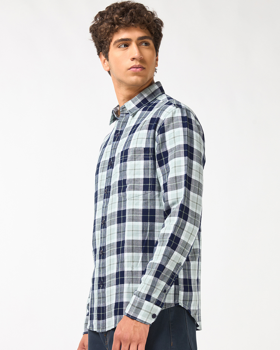 Shop Men's Indigo Blue & Green Checked Shirt-Back