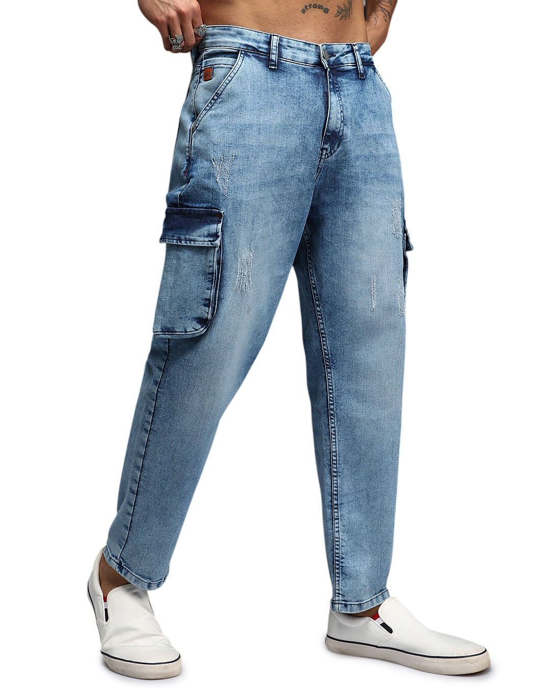 Shop Men's Indigo Blue Washed Distressed Straight Fit Cargo Jeans-Back