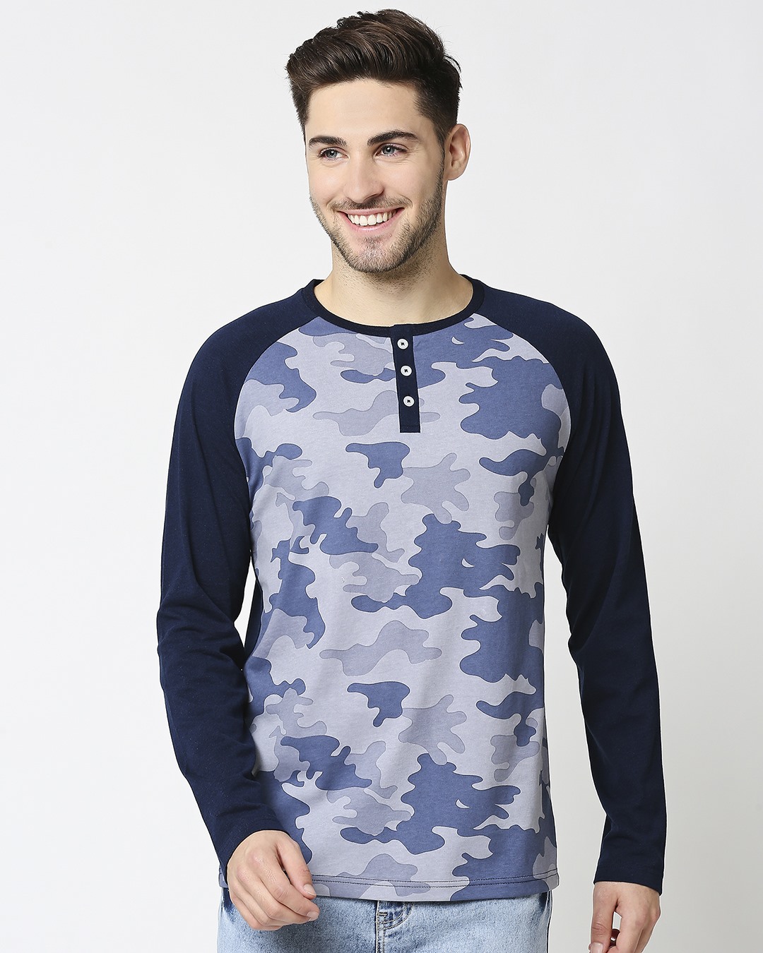 Shop Men's Indigo Camo Printed Raglan T-Shirt-Back