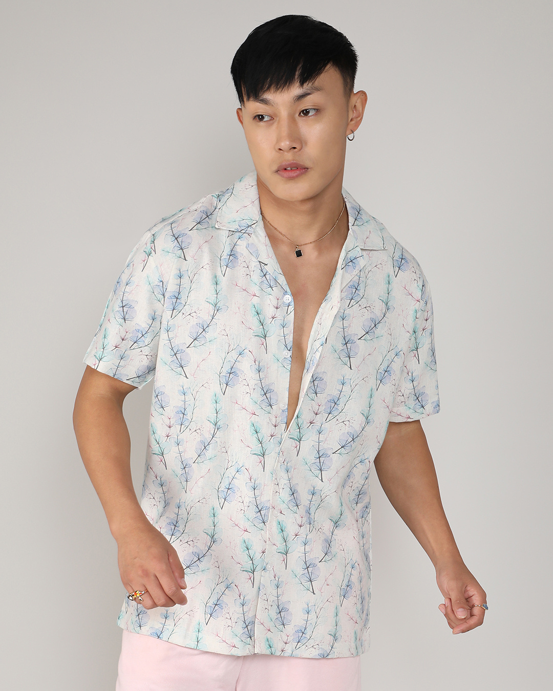 Shop Men's Ivory White & Icy Blue Floral Printed Relaxed Fit Shirt-Back