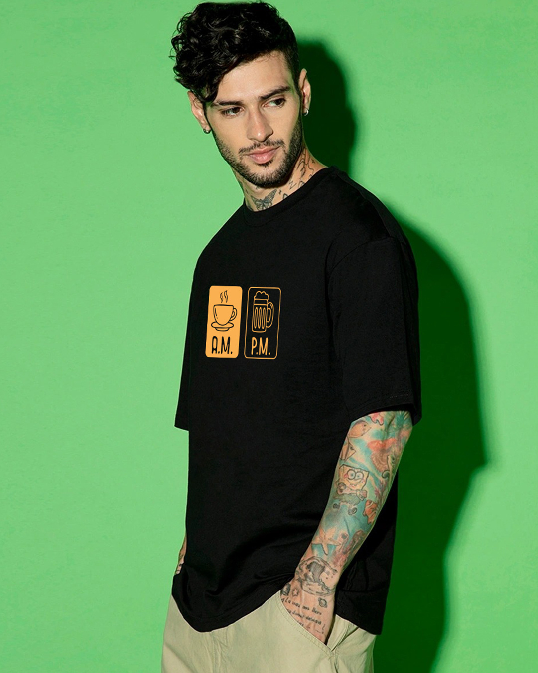 Shop Men's Jet Black AM PM Graphic Printed Oversized T-shirt-Back