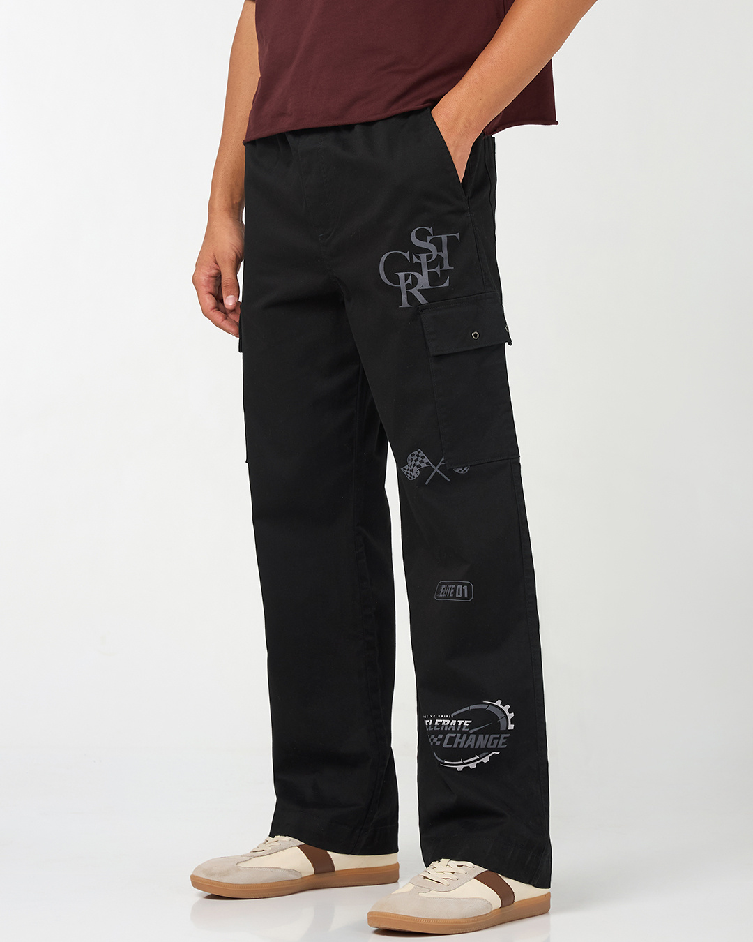 Shop Men's Jet Black Graphic Printed Straight Fit Cargo Pants-Back