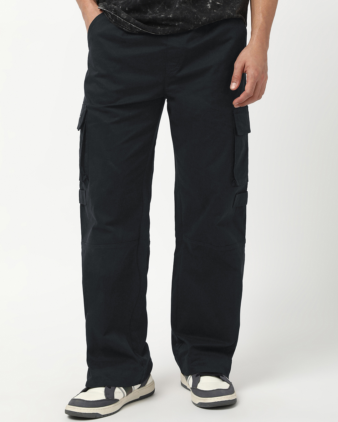 Shop Men's Jet Black Baggy Straight Fit Cargo Pants-Back
