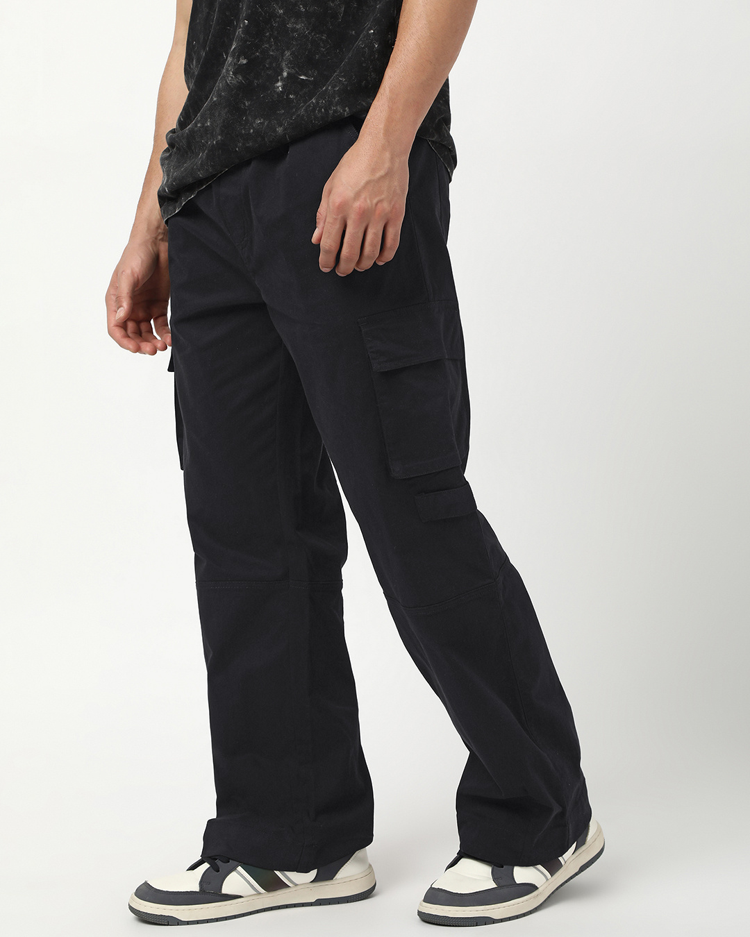 Shop Men's Jet Black Baggy Straight Fit Cargo Pants-Back