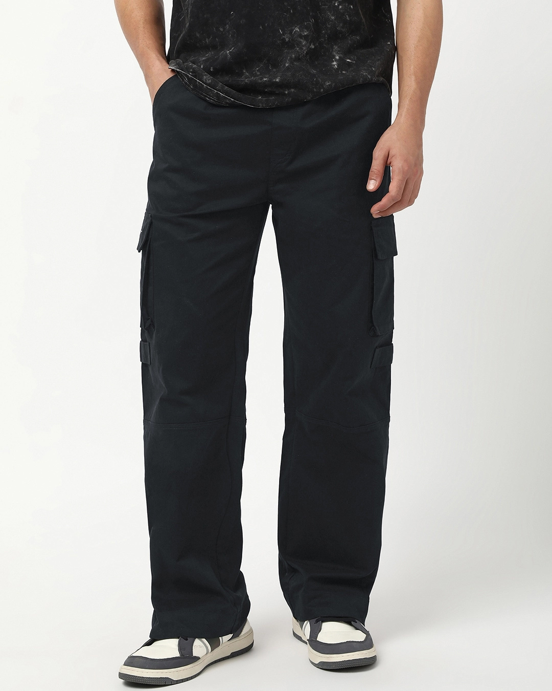 Shop Men's Jet Black Baggy Straight Fit Cargo Pants-Back