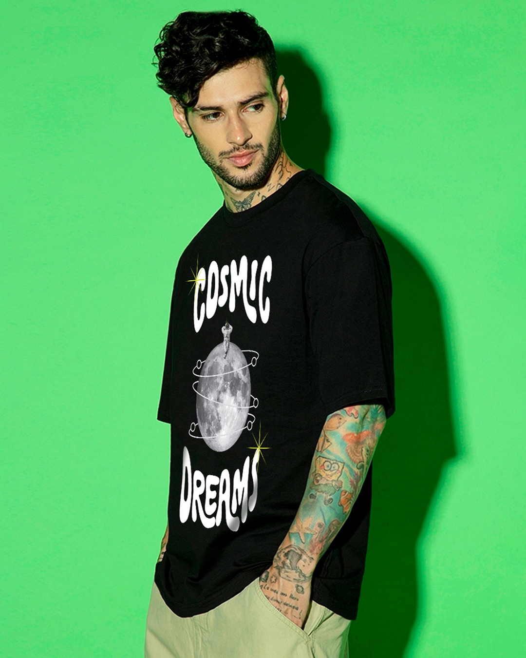 Shop Men's Jet Black Cosmic Dreams Graphic Printed Oversized T-shirt-Back