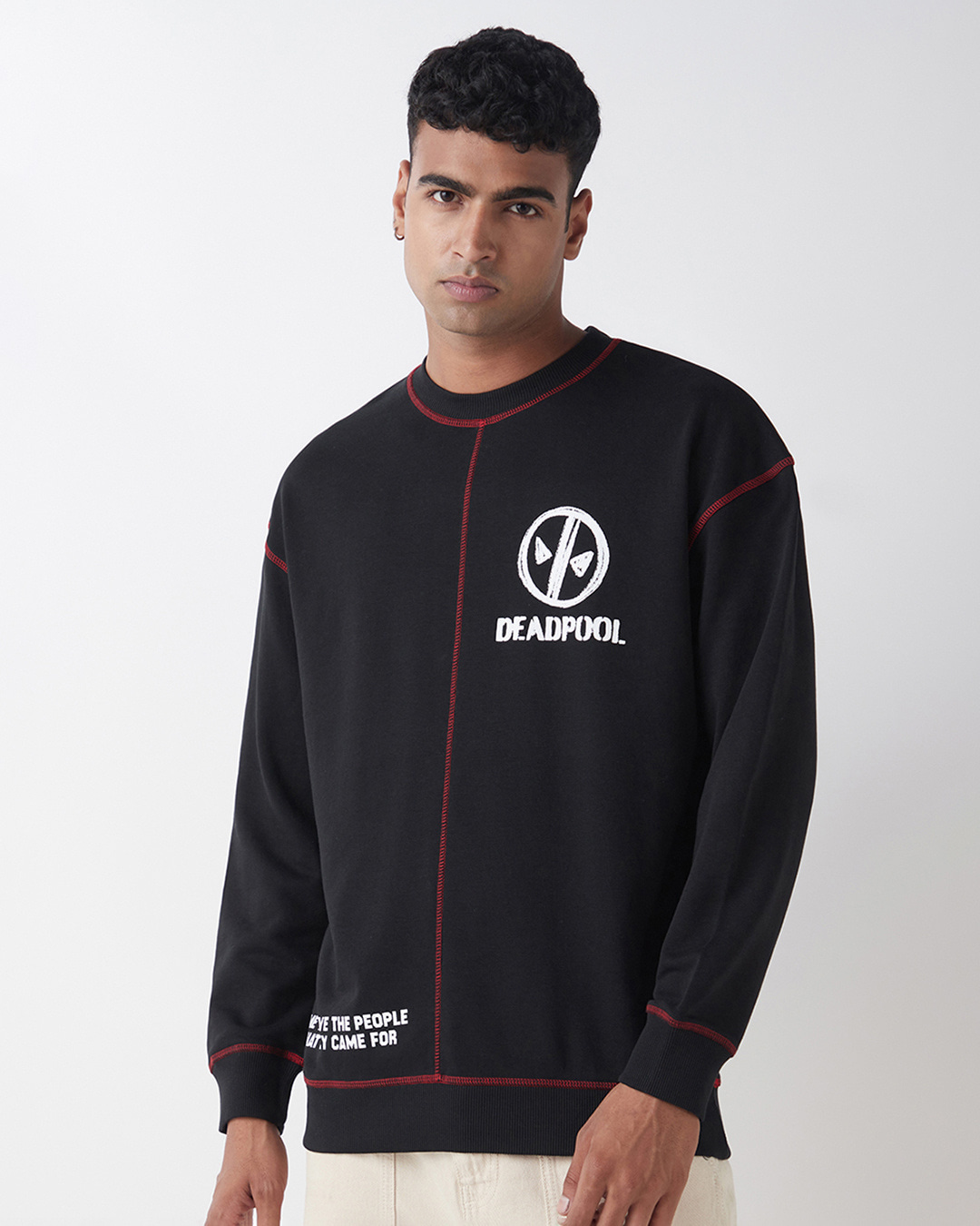 Shop Men's Jet Black Deadpool Graphic Printed Oversized Sweatshirt-Back