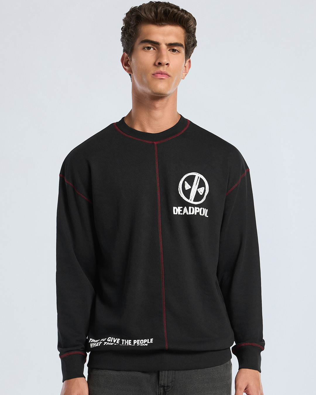 Shop Men's Jet Black Deadpool Graphic Printed Oversized Sweatshirt-Back