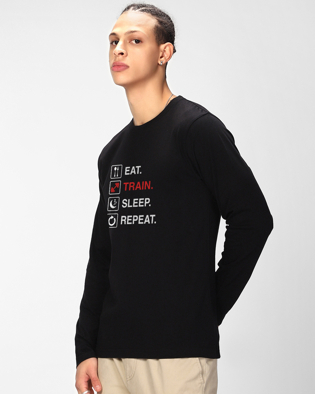Shop Men's Jet Black Eat Sleep Train Repeat Typography T-shirt-Back