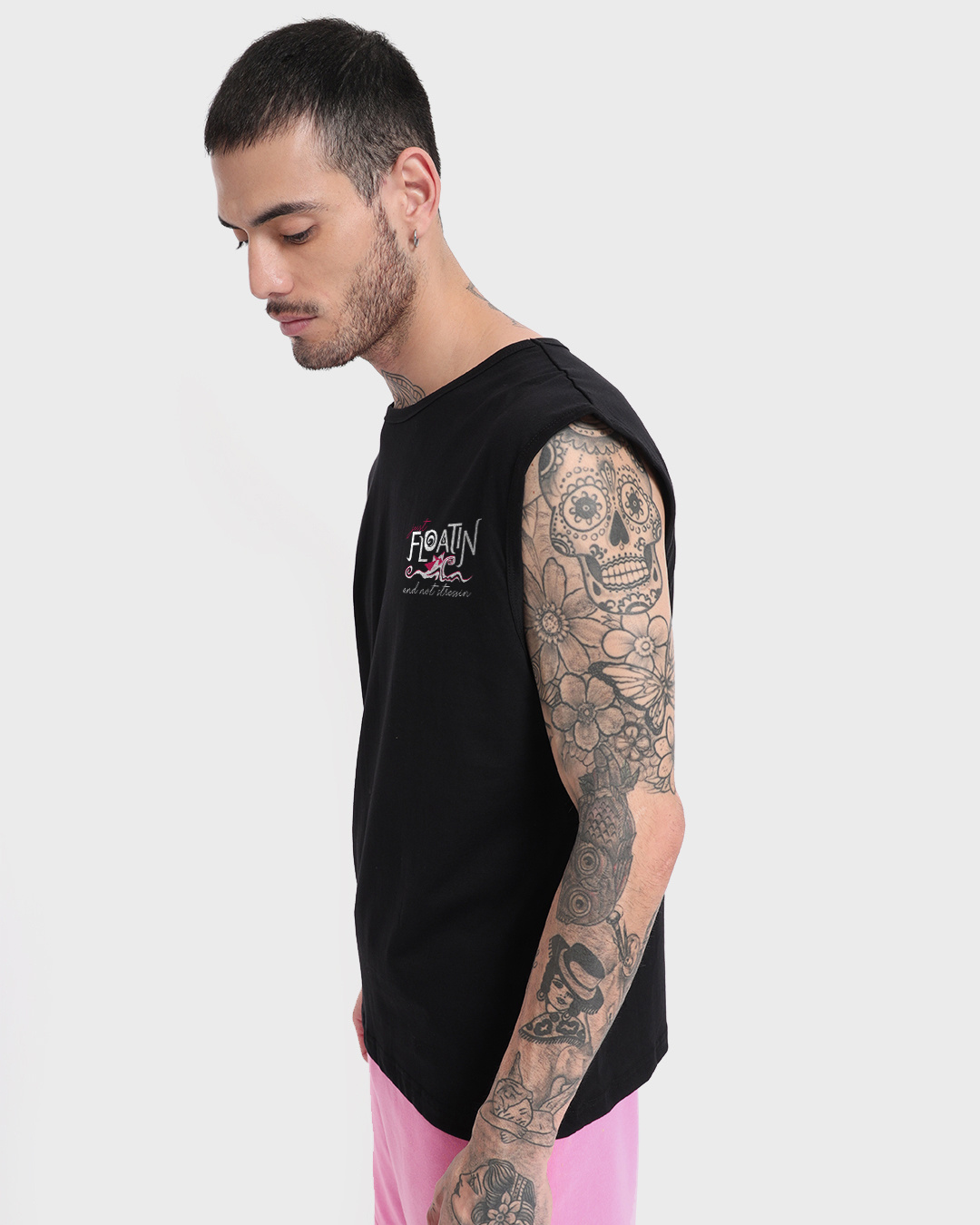 Shop Men's Jet Black Float Graphic Printed Oversized Vest-Back