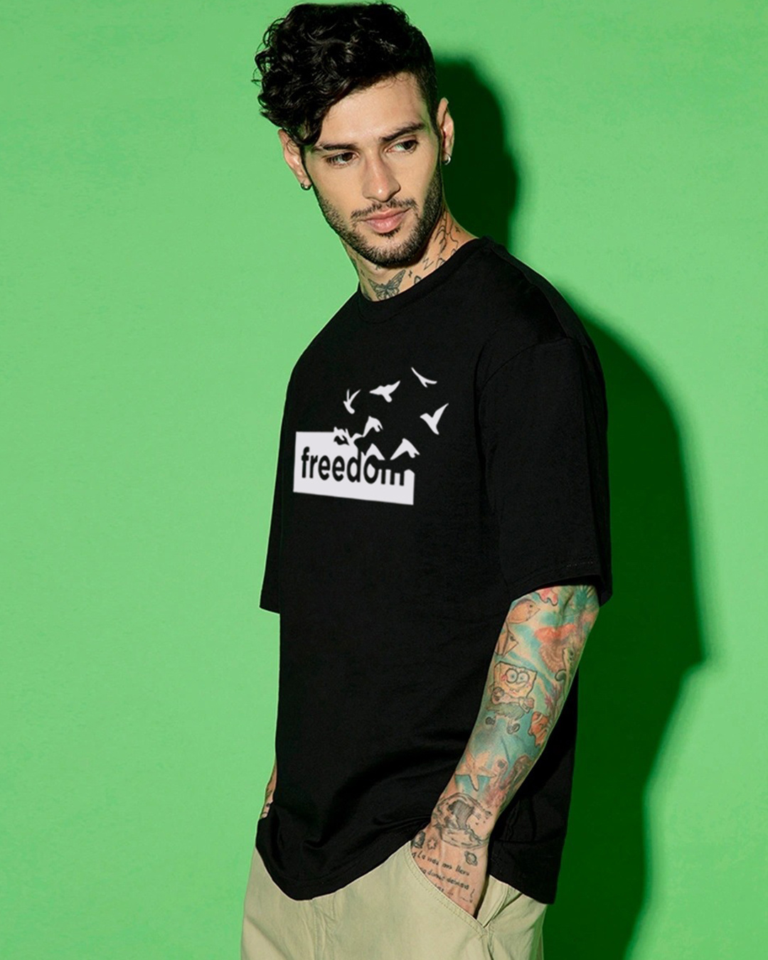 Shop Men's Jet Black Freedom Graphic Printed Oversized T-shirt-Back