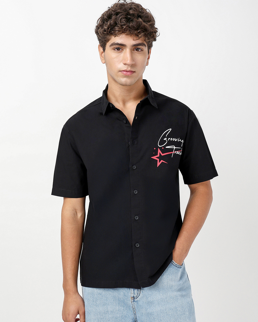 Shop Men's Jet Black Graphic Printed Oversized Shirt-Back