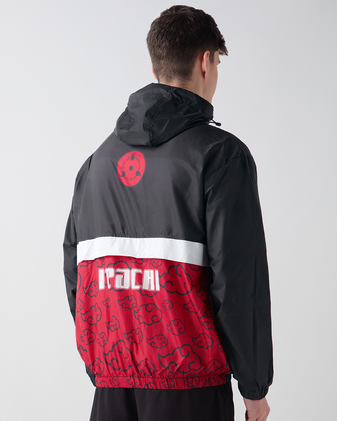 Shop Men's Jet Black Itachi Graphic Printed Oversized Windcheater Jacket-Back