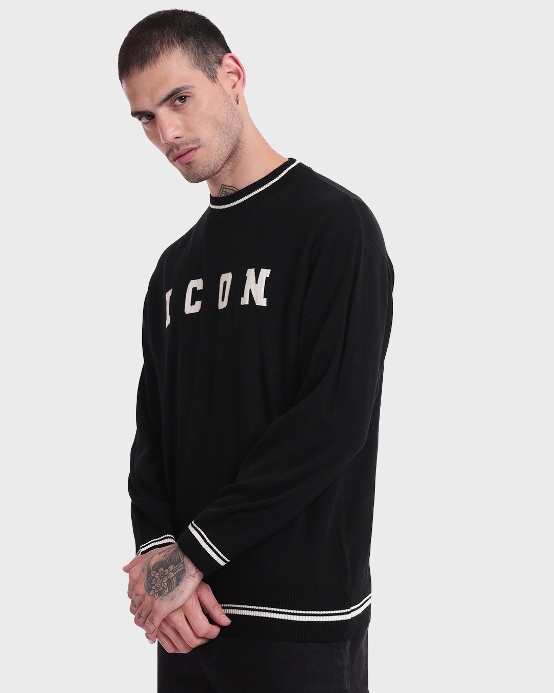 Shop Men's Jet Black ICON Typography Oversized Sweater-Back