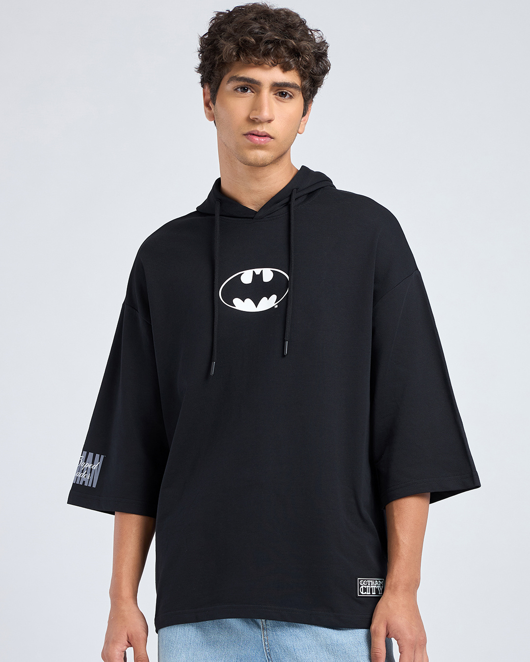 Shop Men's Jet Black Justice Bat Graphic Printed Oversized Hoodie T-shirt-Back