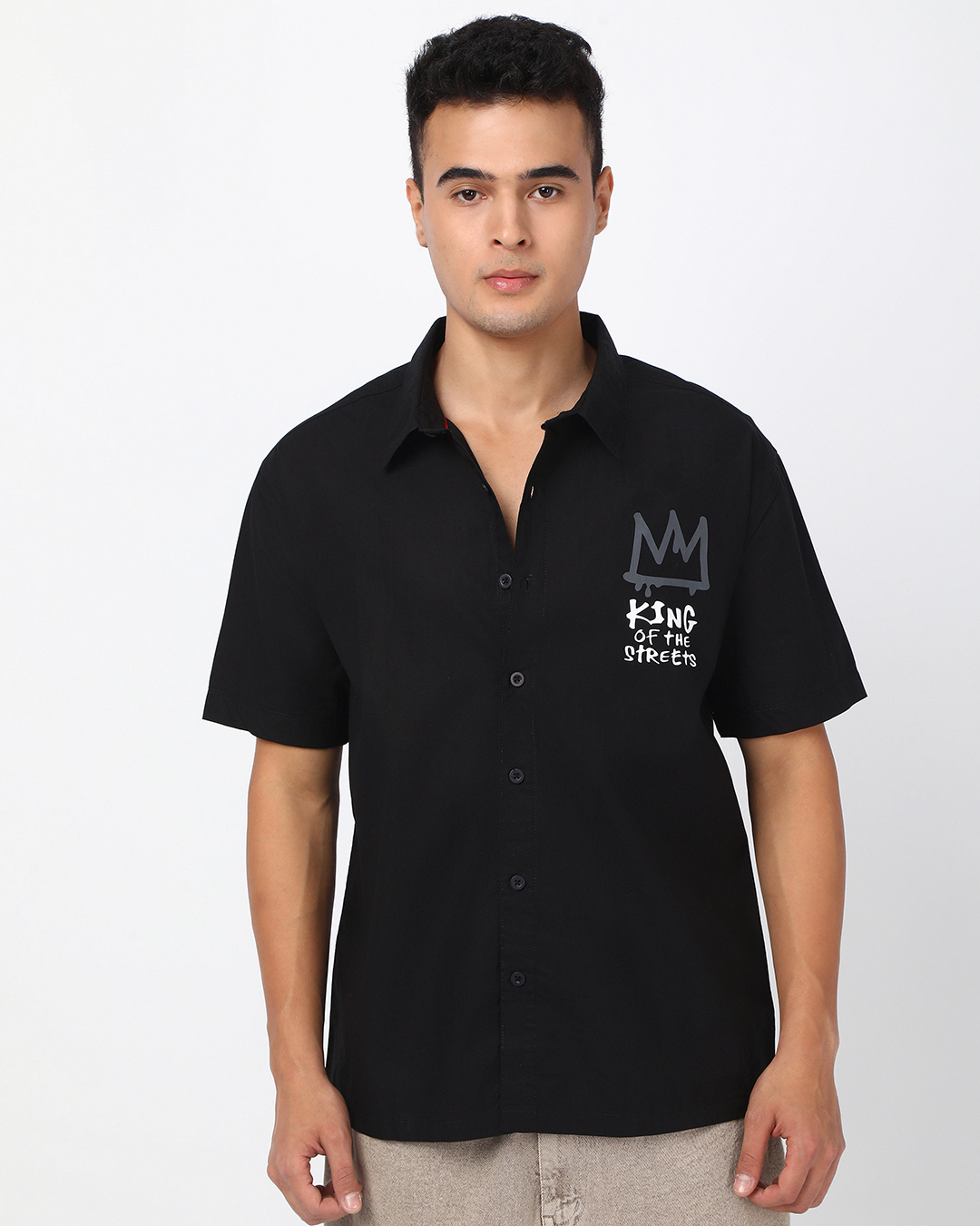 Shop Men's Jet Black King Of The Streets Graphic Printed Oversized Shirt-Back
