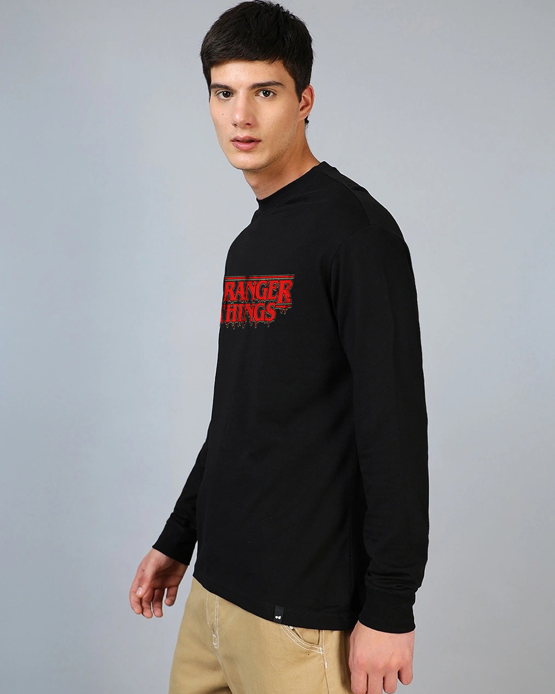 Shop Men's Jet Black Stranger Things Logo Typography Oversized T-shirt-Back