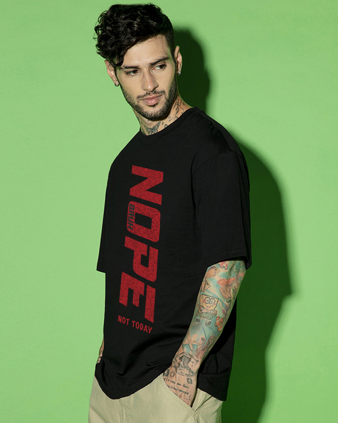 Shop Men's Jet Black Nope Bruh Typography Oversized T-shirt-Back