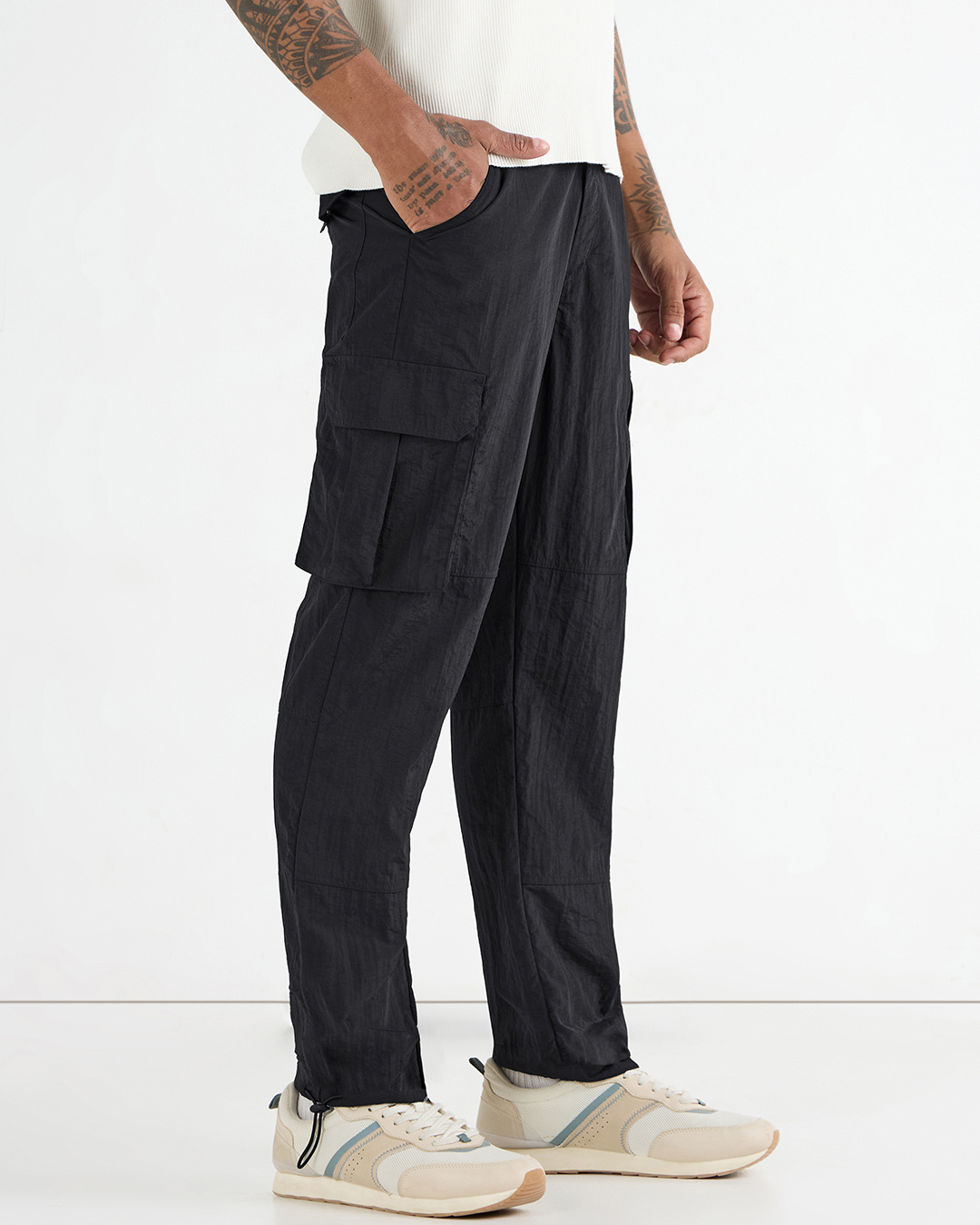 Shop Men's Jet Black Nylon Cargo Parachute Pants-Back