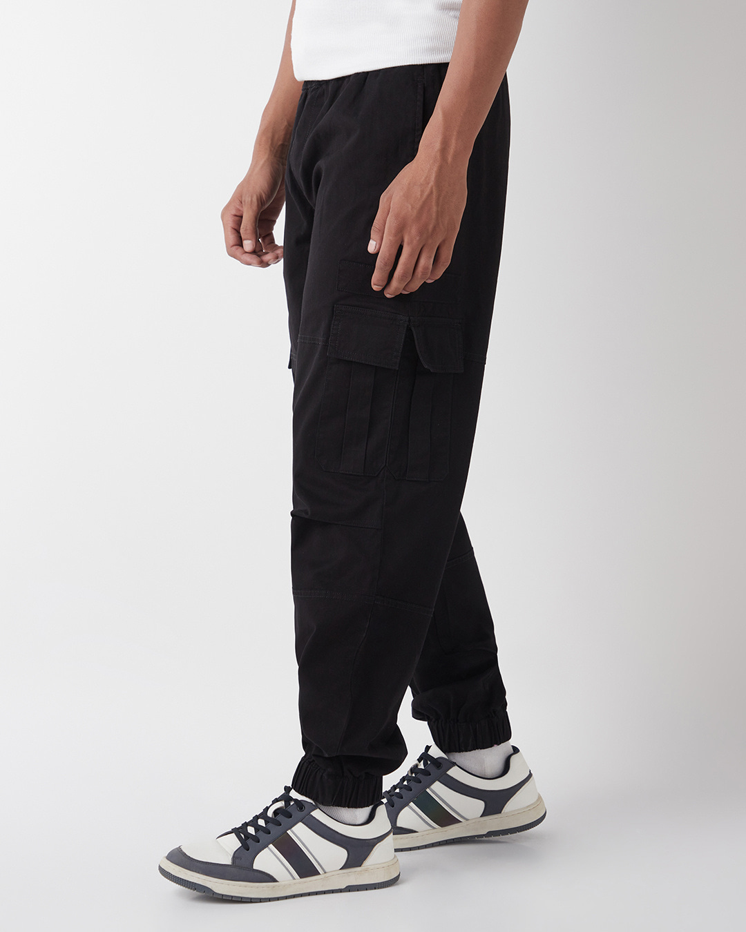 Shop Men's Jet Black Oversized Cargo Jogger Pants-Back