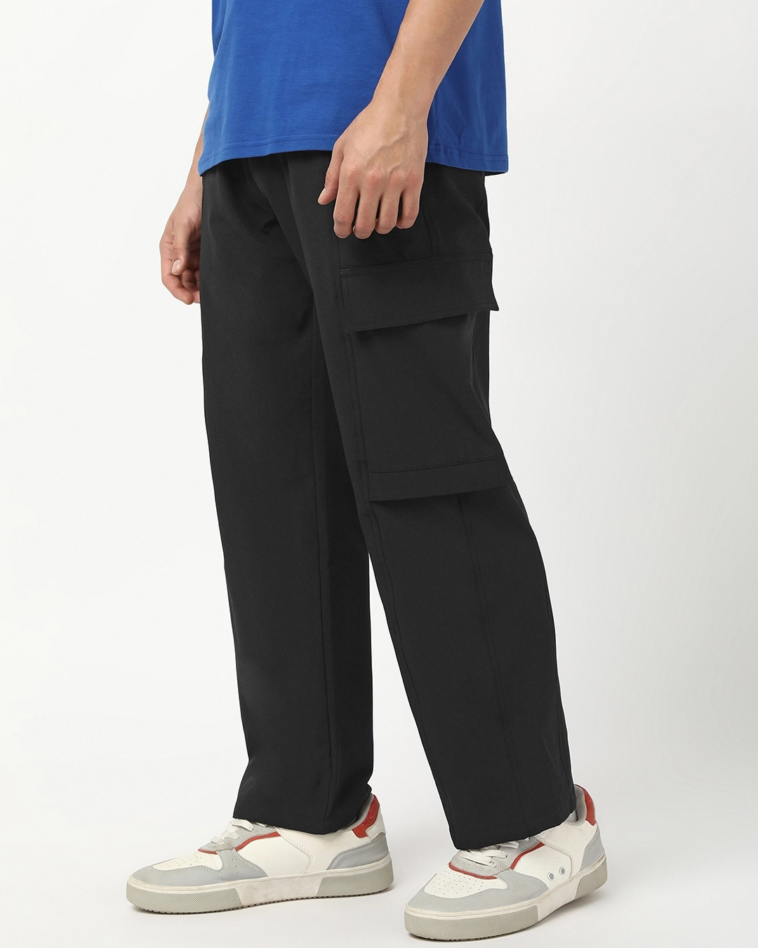 Shop Men's Jet Black Oversized Cargo Pants-Back